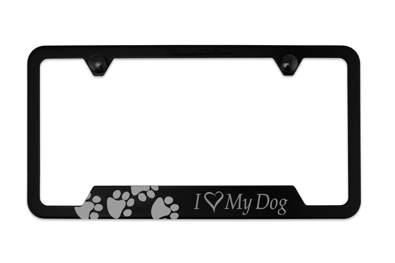 Black I ♡ My Dog paw print license plate frames.